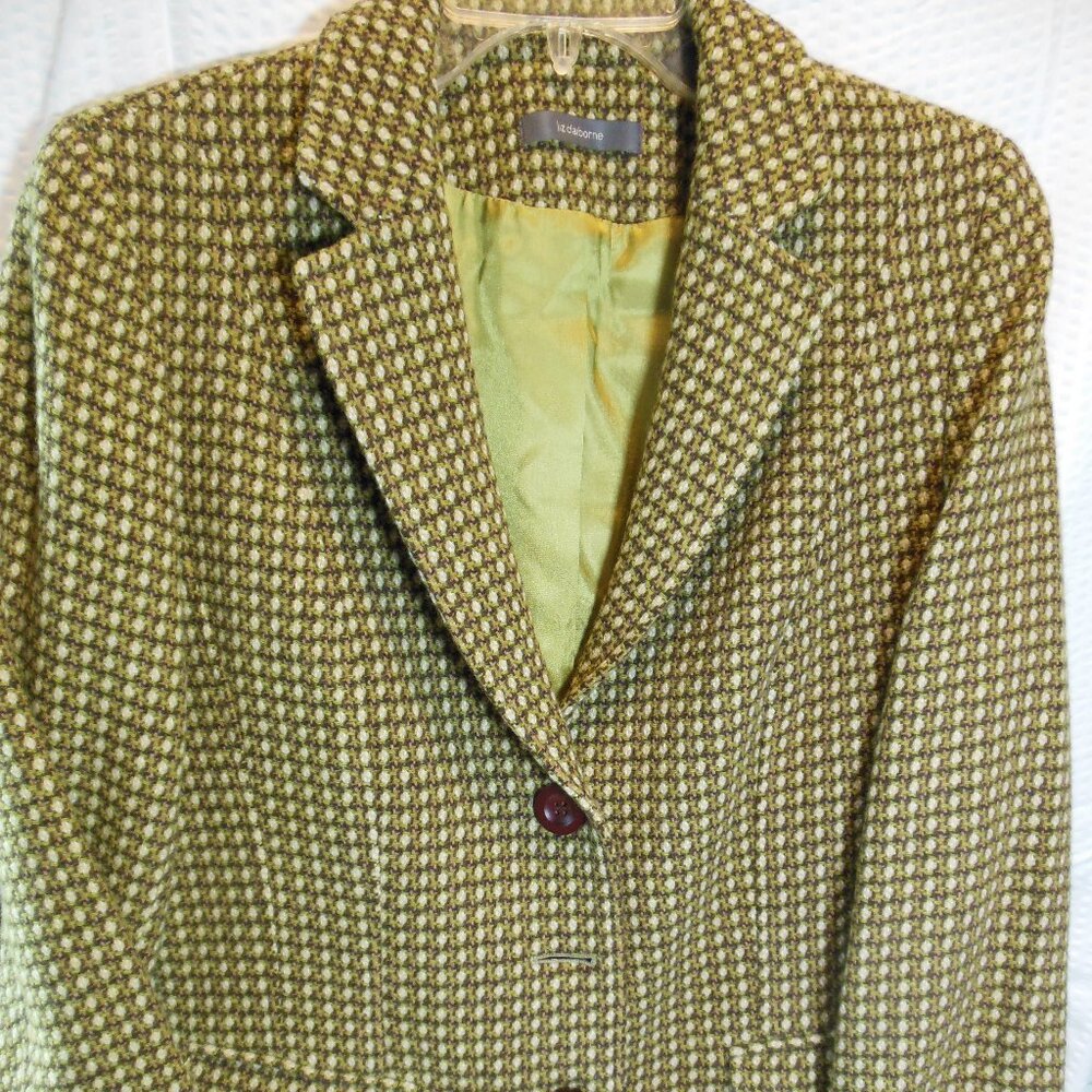 blazer womens Liz Claiborne Size 10 wool blend citron green cream & brown tweed